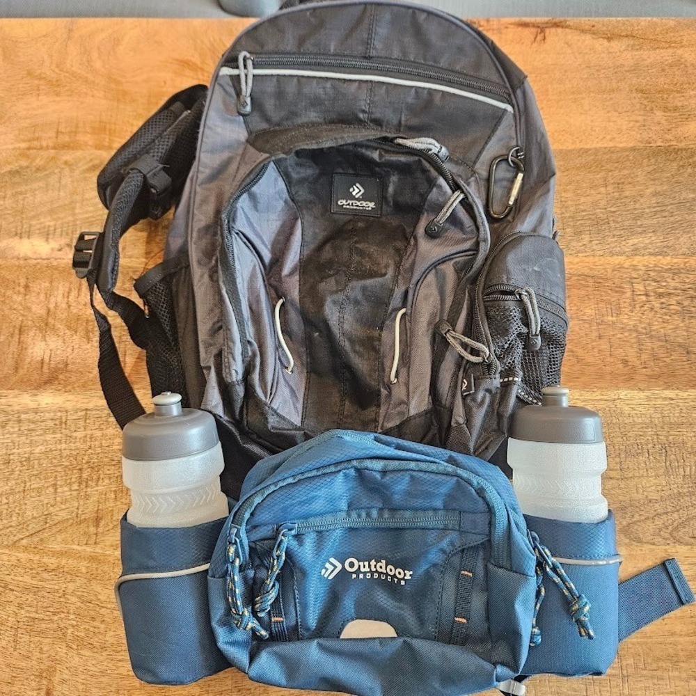 Outdoor Products Hiking Daypack & Blue Waist Pack Duo w/2 Water Bottles